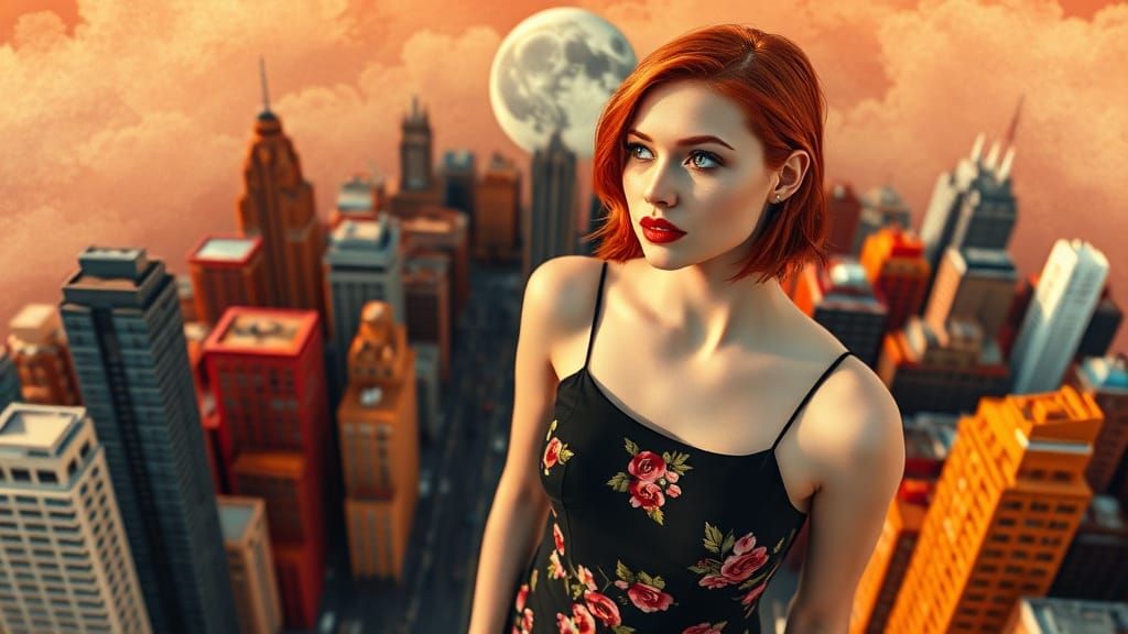 Woman in Elegant Black Dress Stands in Vibrant Cityscape