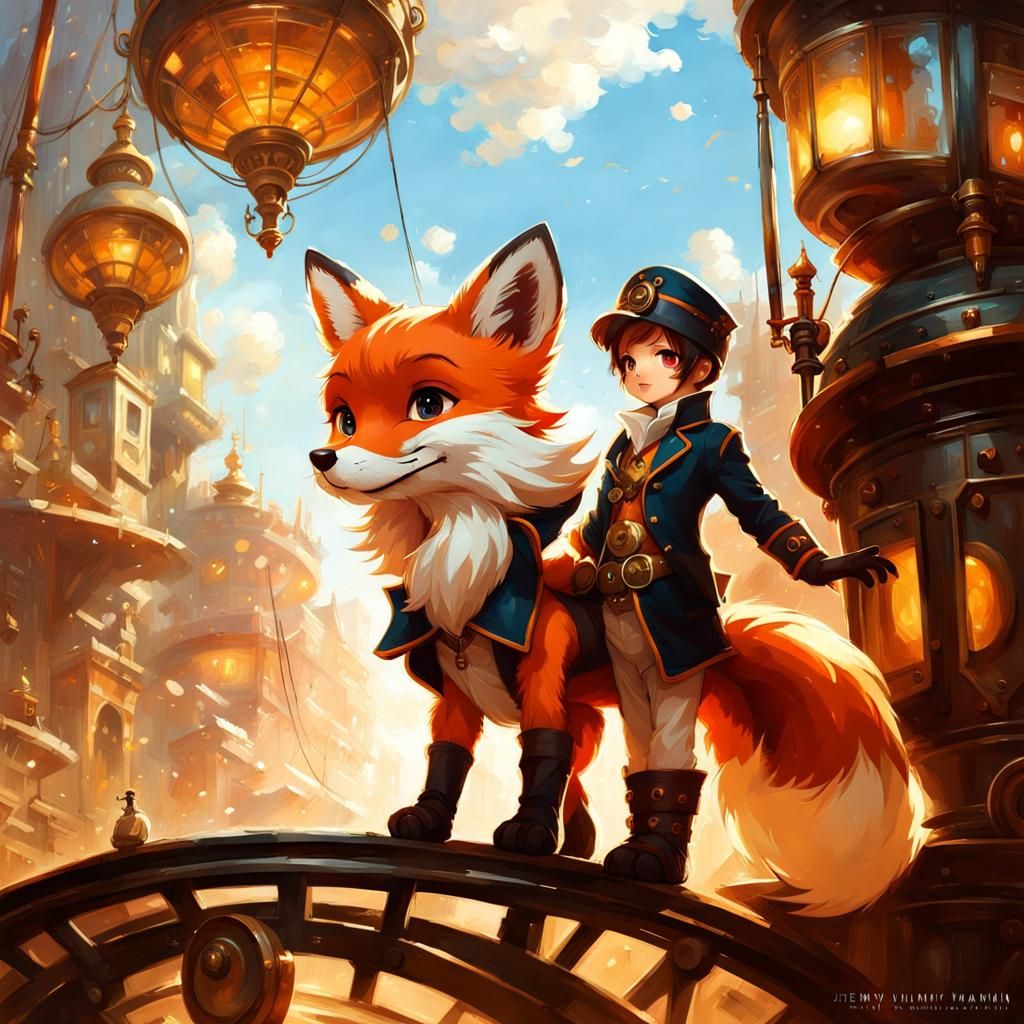 Adorable Steampunk Chibi Fox: Majestic Oil Painting