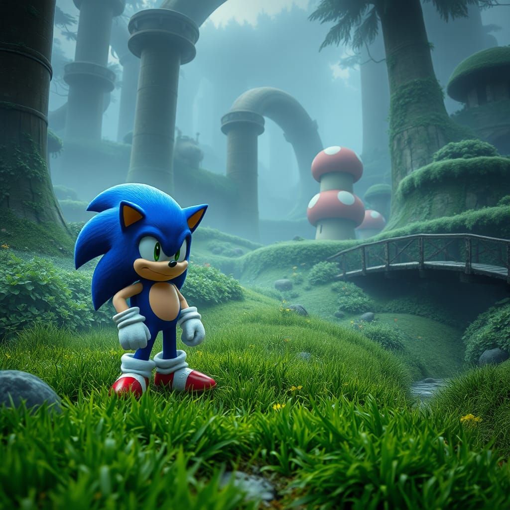 Sonic in Mushroom Kingdom: Hyperrealistic HDR Landscape