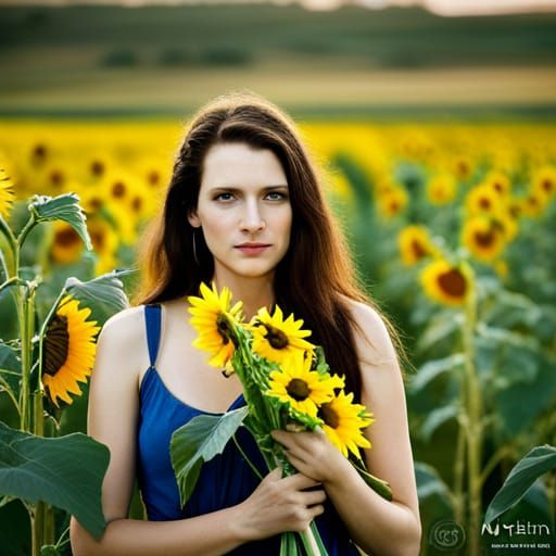 Woman in Wheat Field with Sunflowers Portrait
