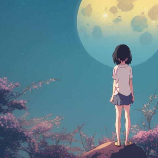 Girl Watching Moon in Anime Style, 8K