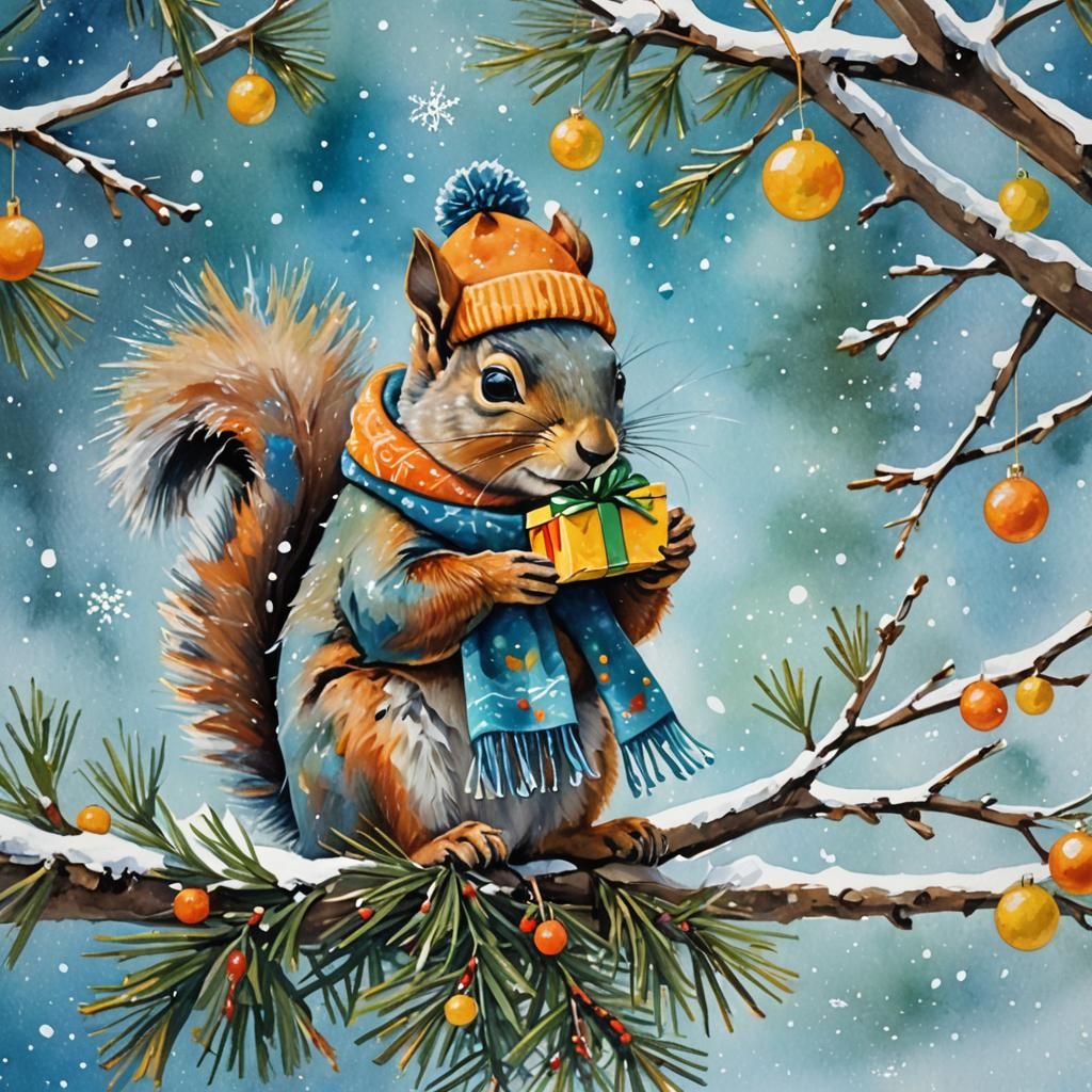 Squirrel with Christmas Gift in Abstract Expressionism
