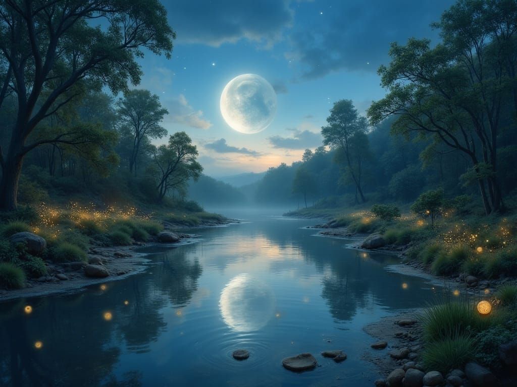 Twilight River Landscape in Luminous Fantasy Style