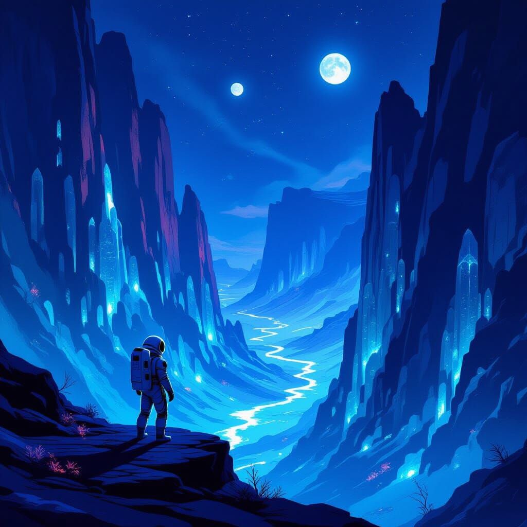 Astronaut on Alien Crystalline Canyon in Sci-Fi Art Style