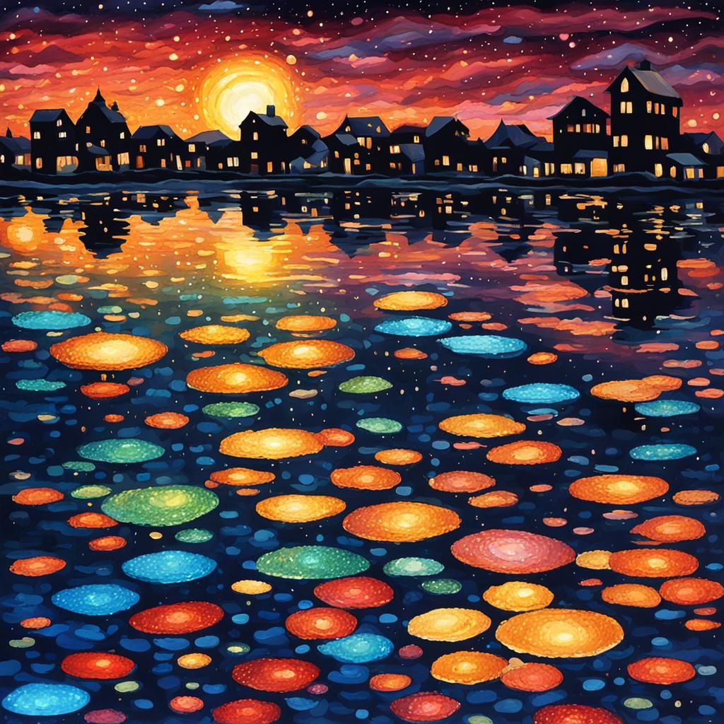 Vibrant Night Water Reflections in Naïve Style