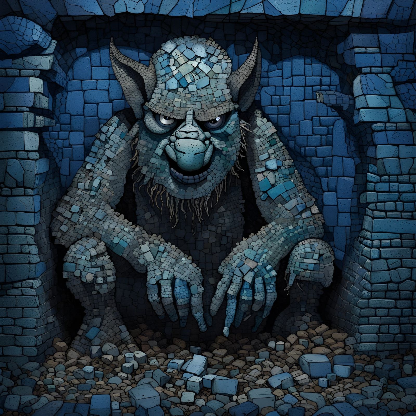 Azure Troll in Brickwork Mosaic Style
