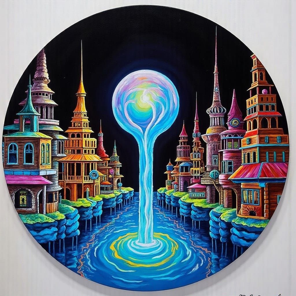 Neon Abstract Landscape with Glowing Orb