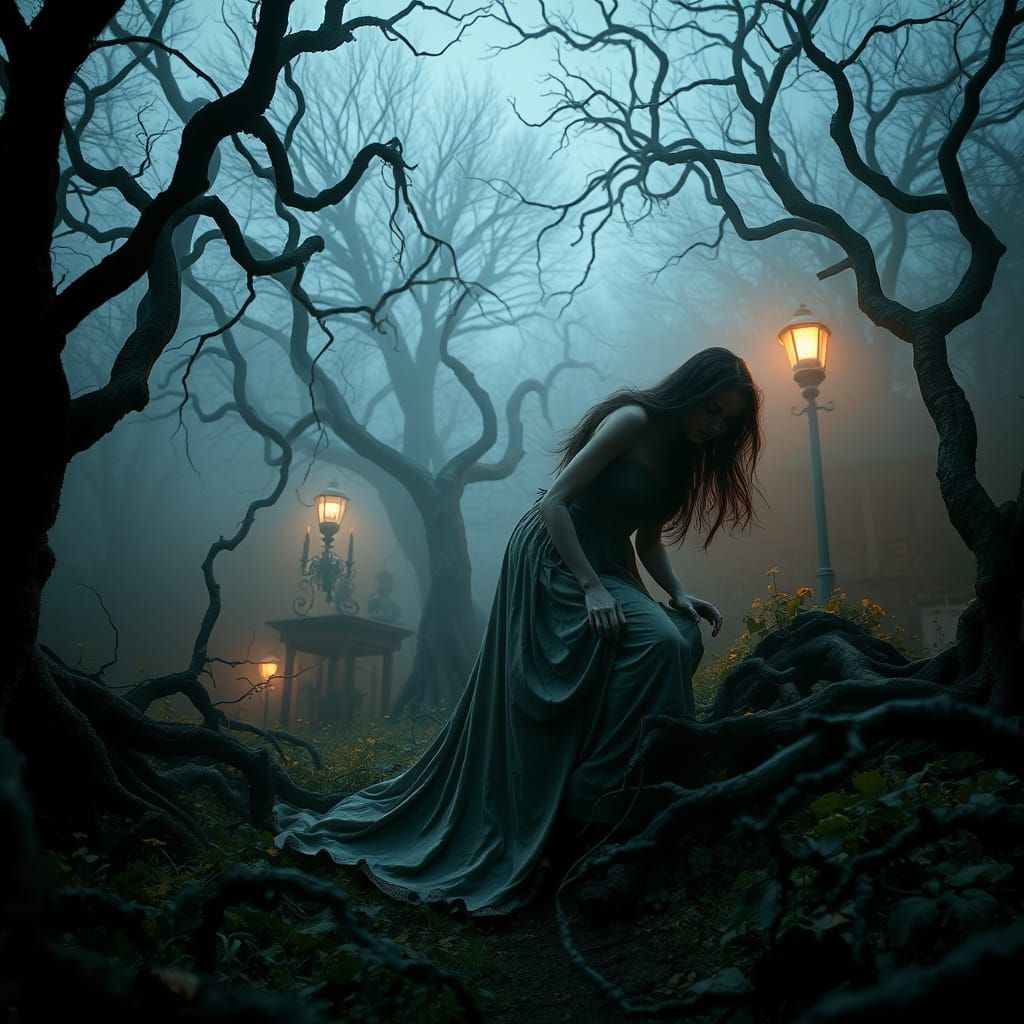 Woman Crawling Through Eerie Gothic Garden at Dusk