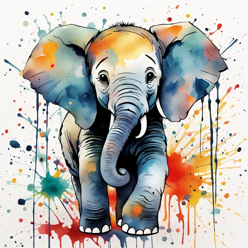 Cute Elephant Smiling: Minimalist Watercolor Abstract
