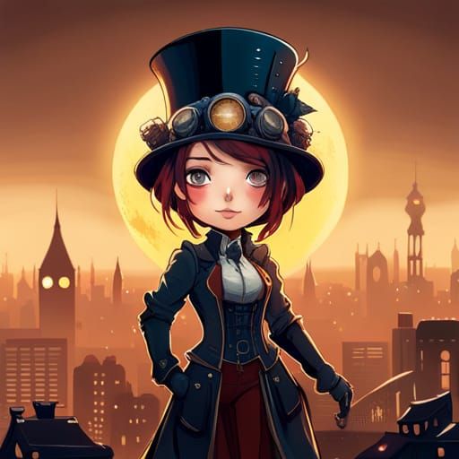 Steampunk Chibi Woman in London: Detailed Digital Art