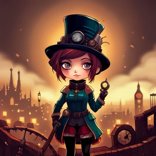 Steampunk Chibi Woman in London Portrait