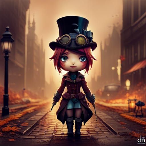 Steampunk Chibi Woman in London: Matte Painting