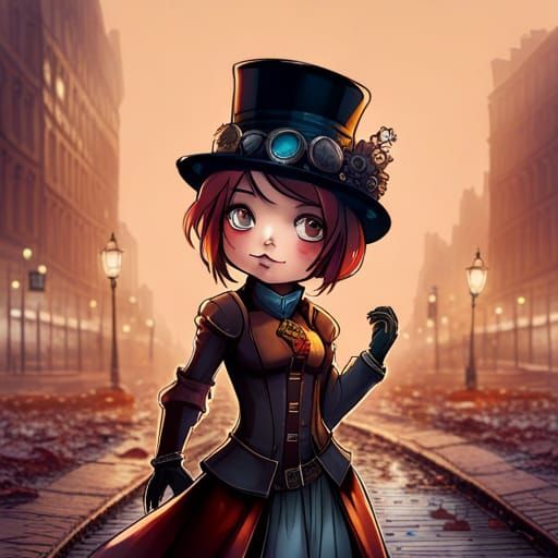 Steampunk Chibi Woman in London, Digital Portrait