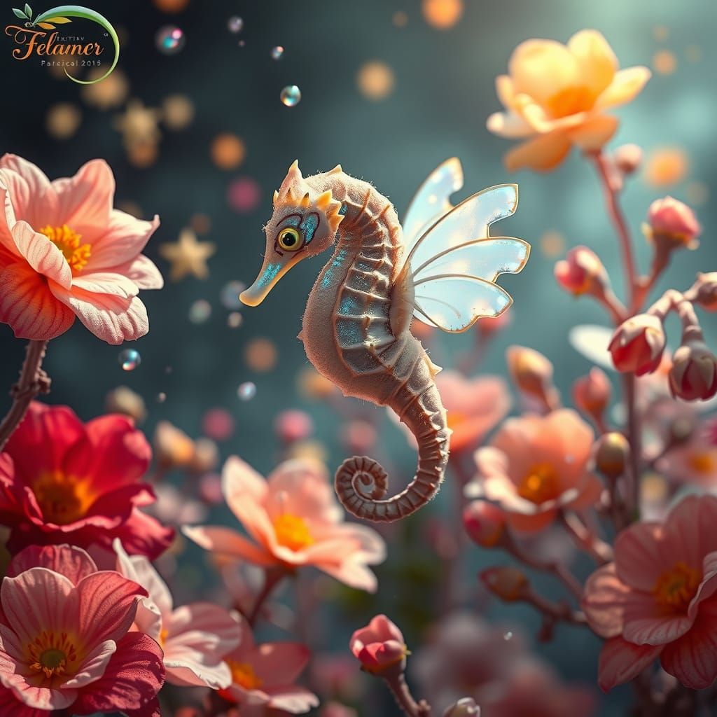 Whimsical Seahorse Flies Amidst Floral Tapestry