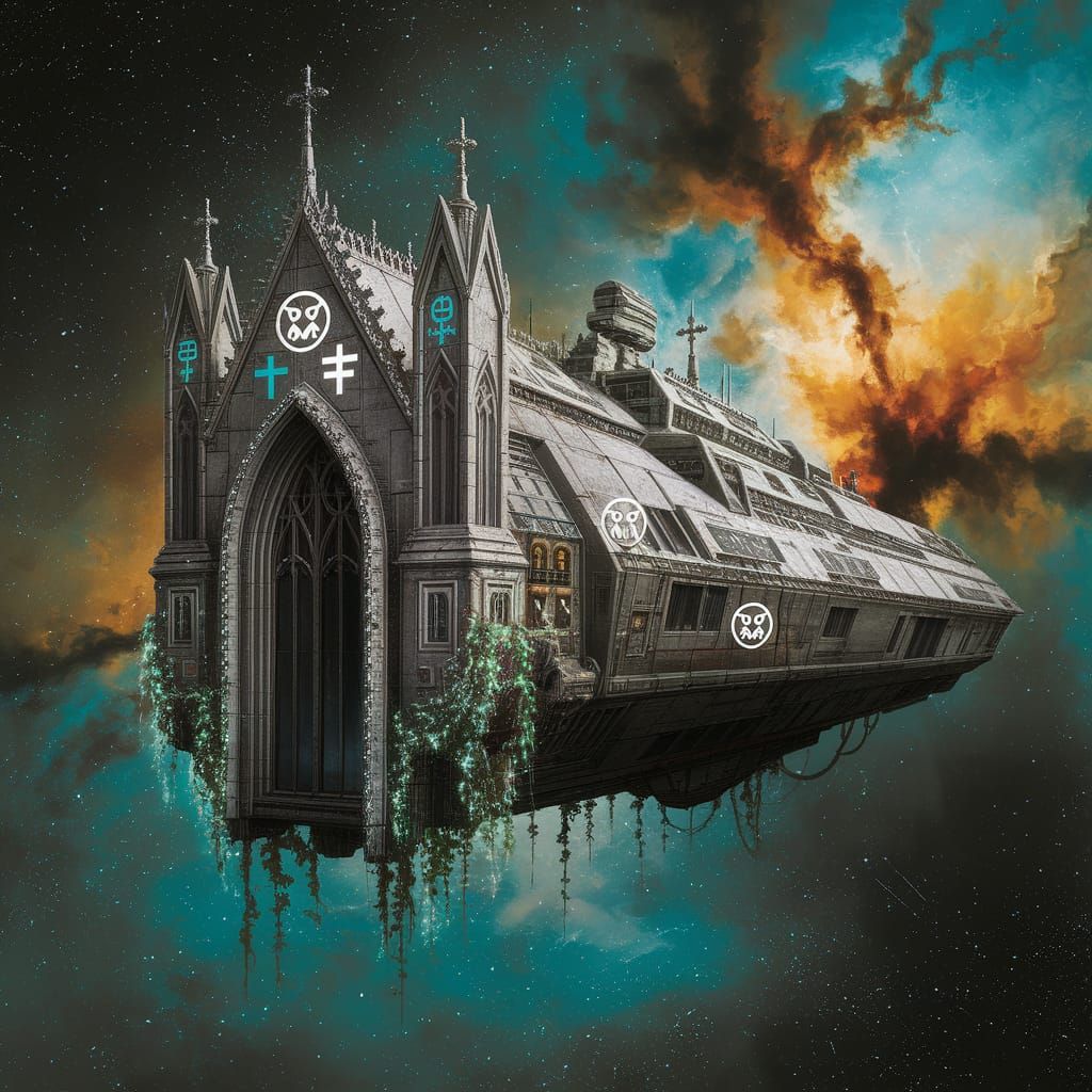 Gothic Spaceship Cathedral in 1970s Sci-Fi Art Style