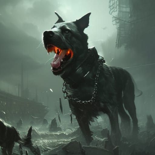 Armored Barking Dog in Dark Fantasy Style