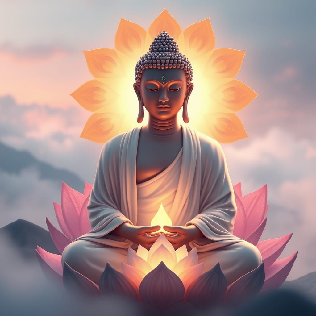 Buddha in Serene Meditation, Surrounded by Radiant Lotus Flo...