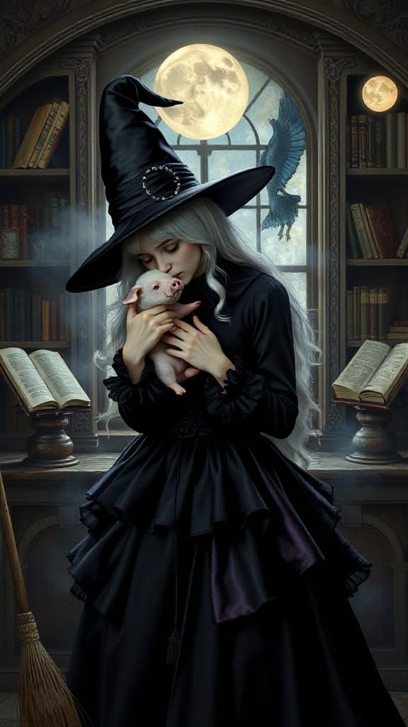 Surreal Witch Kisses Piglet in Art Deco Style