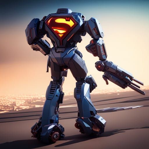 Superman Mecha Suit with Laser Eyes in Sci-Fi Style