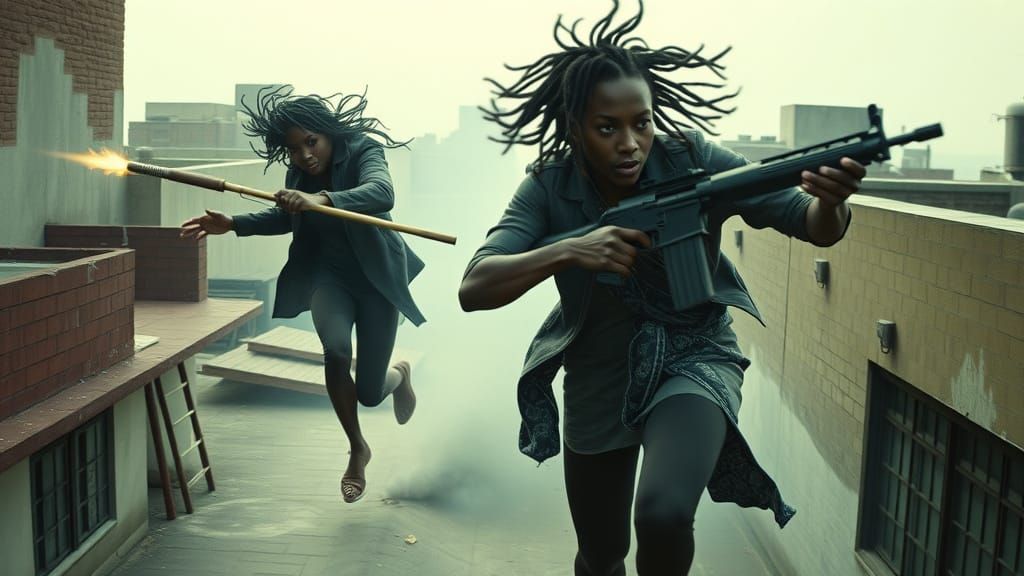 Cinematic Rooftop Chase: Spectral Hunters in Pursuit