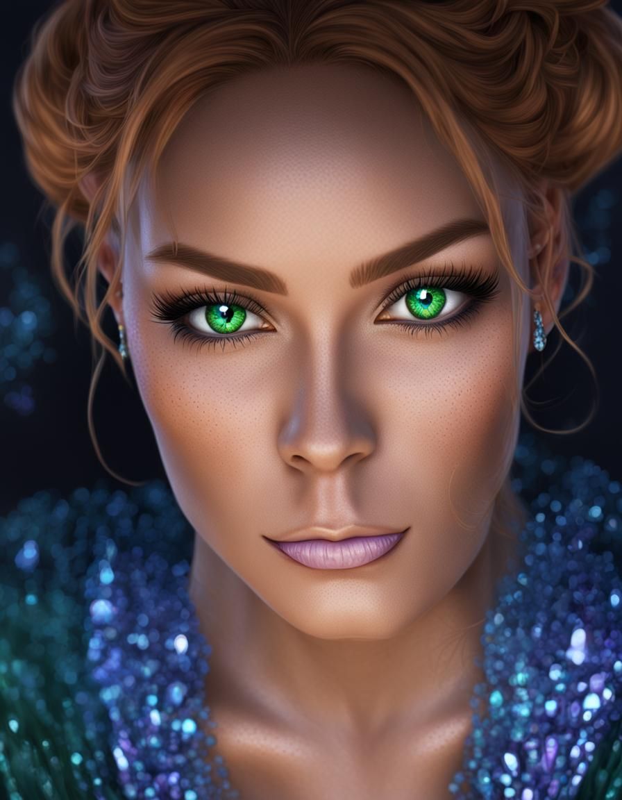 Gothic Woman with Green Eyes, Hyperdetailed Art