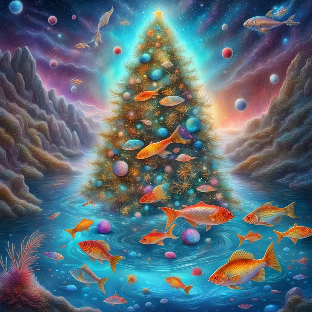 Underwater Christmas Tree with Fish, Astral Illustration