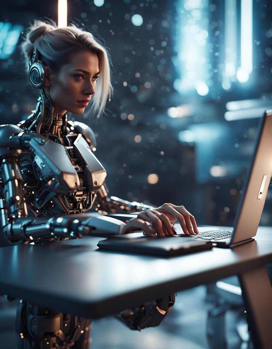 Cinematic Woman Typing Email with Sci-Fi Details