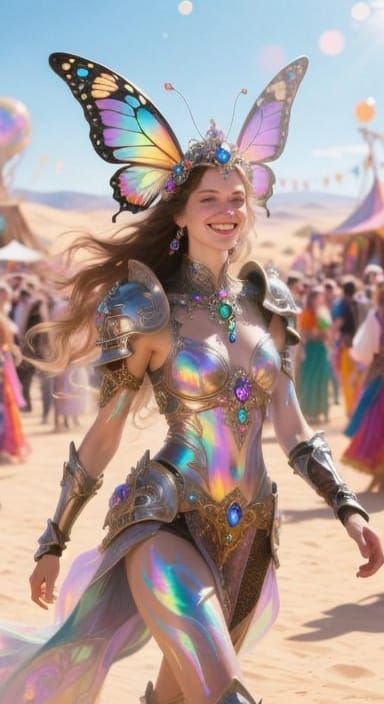 Fantasy Woman in Iridescent Armor, Whimsical Oil Painting