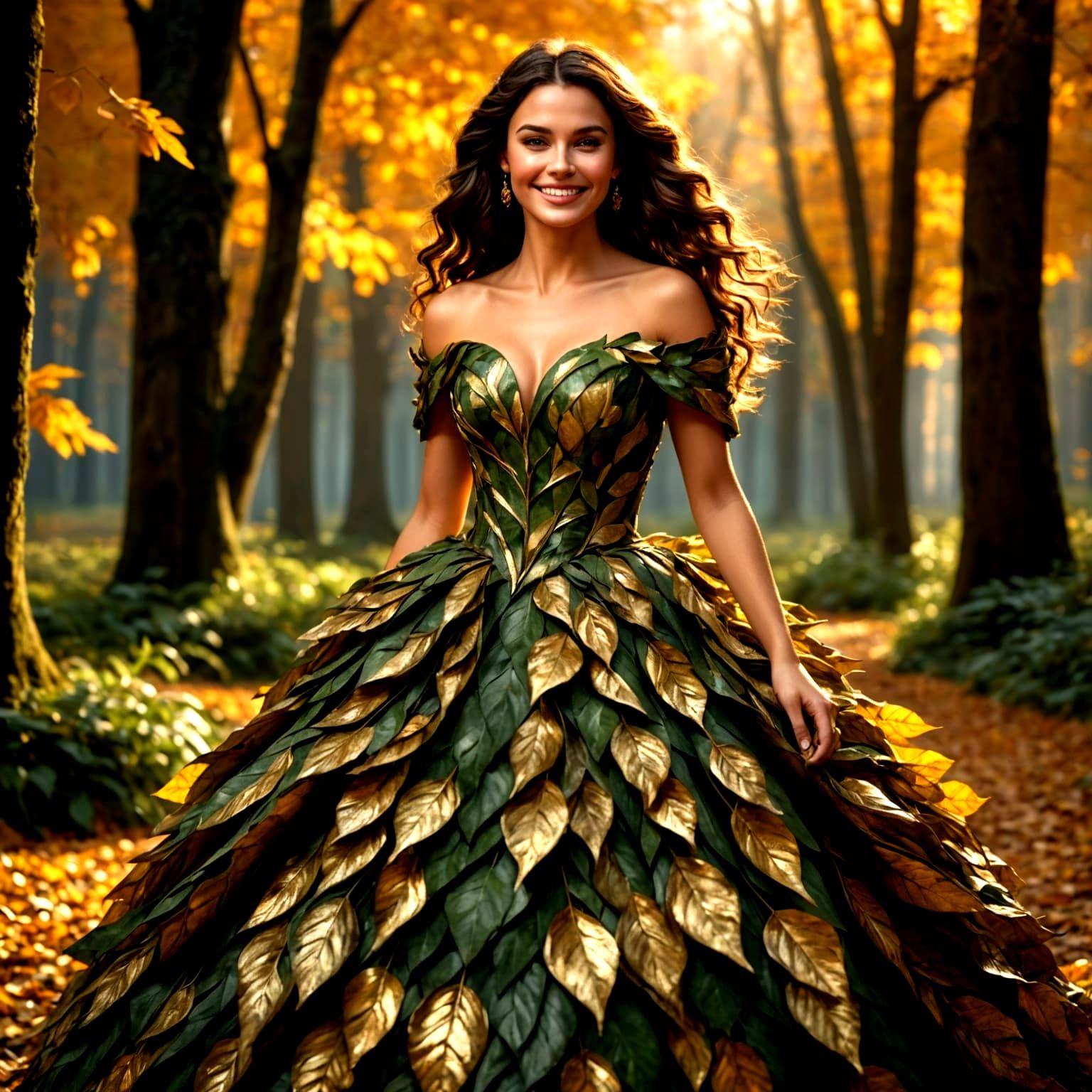 Autumnal Leaf Gown in Golden Forest Light