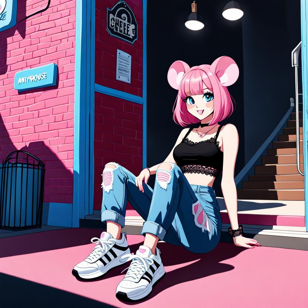 Stylish Pink-Haired Mouse Character in Black Lace