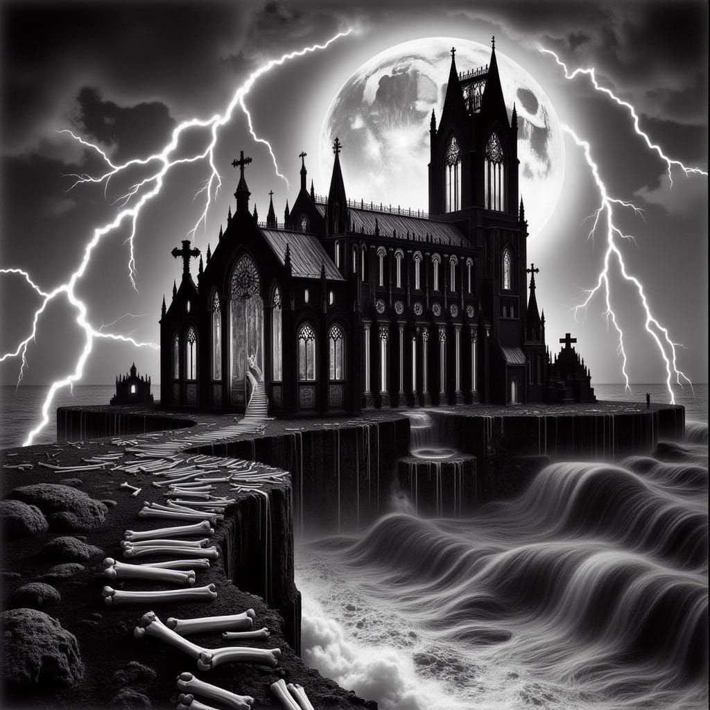 Gothic Bone Cathedral Overlooking Stormy Sea
