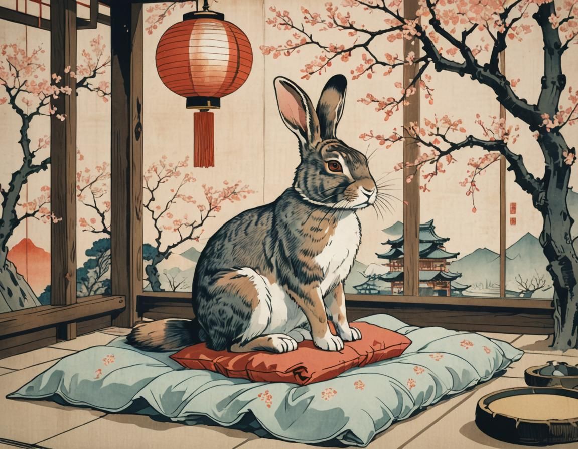 Rabbit in Shinto Shrine: Ukiyo-e Style Print