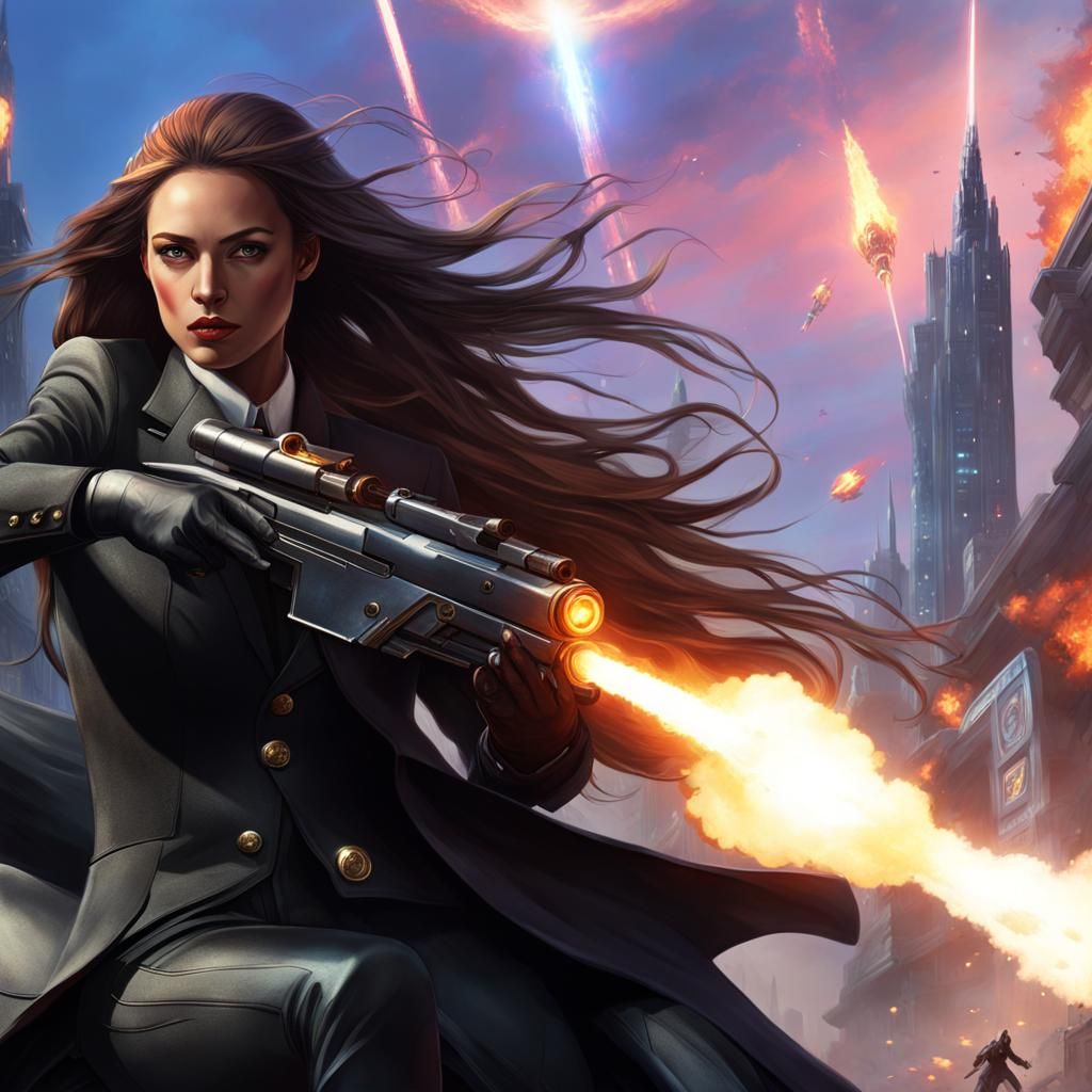 A long-haired woman carries weapons.