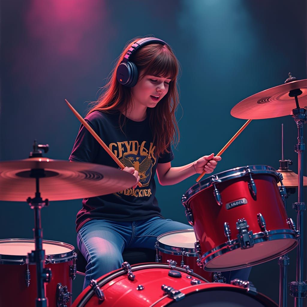 Teenage Girl Playing Drums in Concert, Digital Art