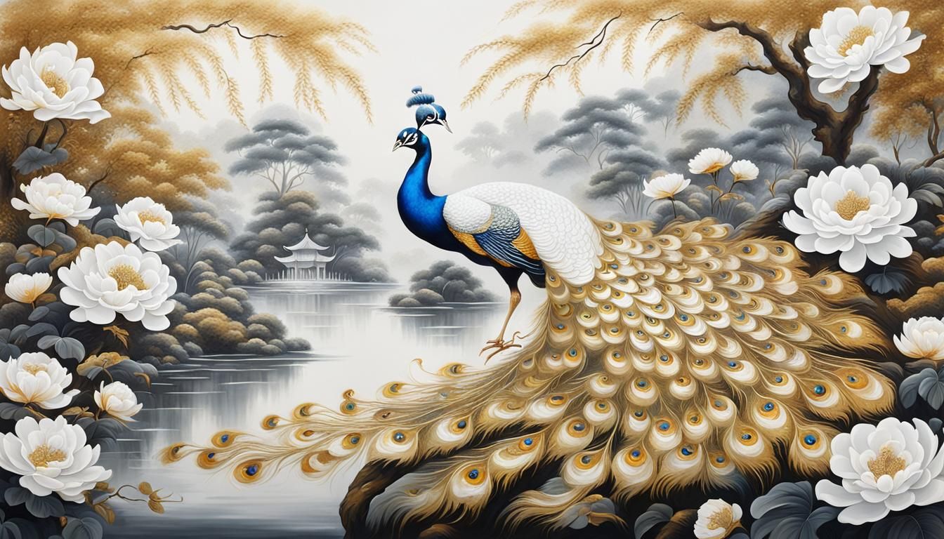 Gold and White Peacock in Chinese Oil Painting Style