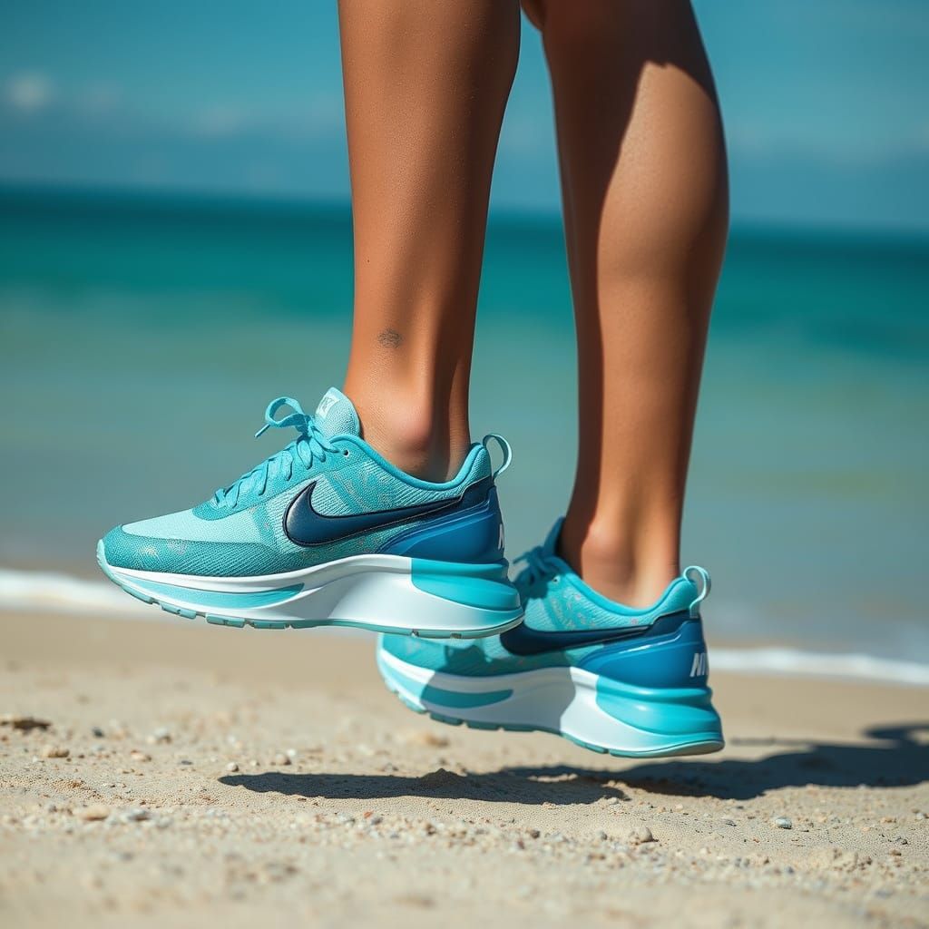 Tiburón en Playa con Zapatillas Azules en Estilo Hibrido