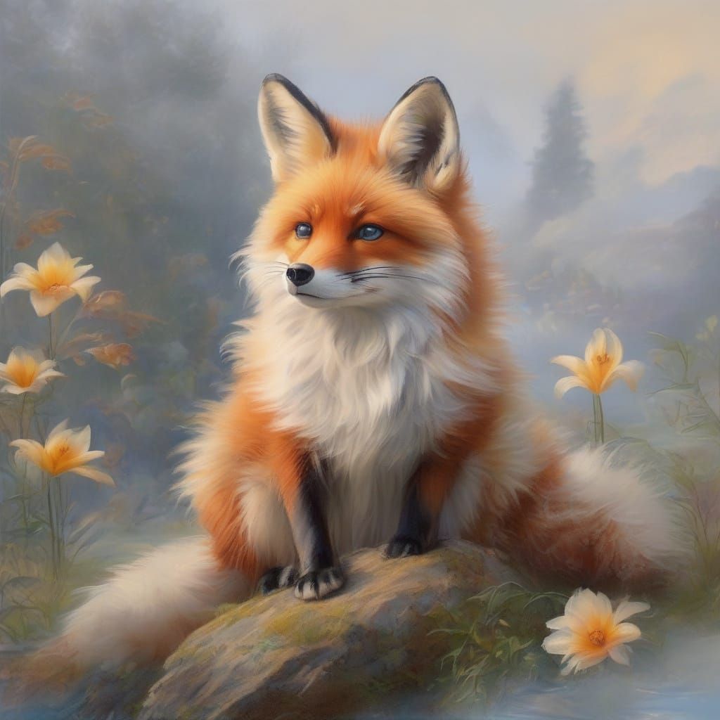 Ethereal Fox with Golden Flower and Mist