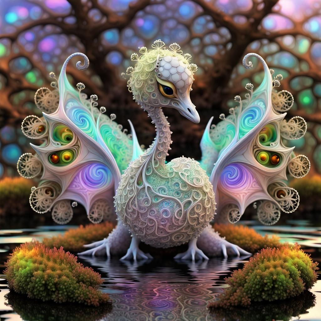 Opalescent Swan-Dragon Hybrid in Fractal Garden