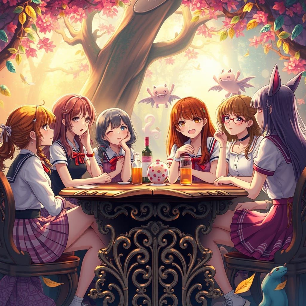 Girls in Whimsical Gathering, Vibrant High School Friends in...