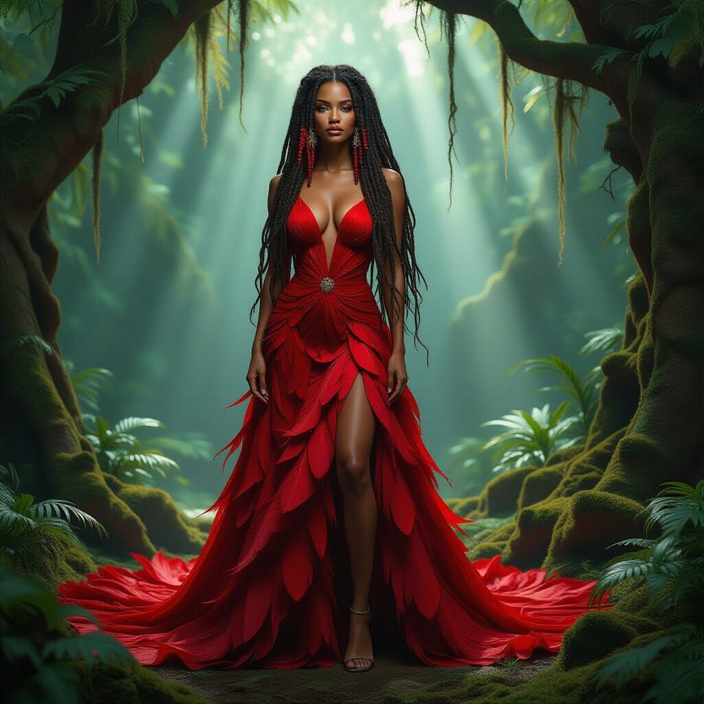 Woman in Red Feather Gown in Pirate Forest