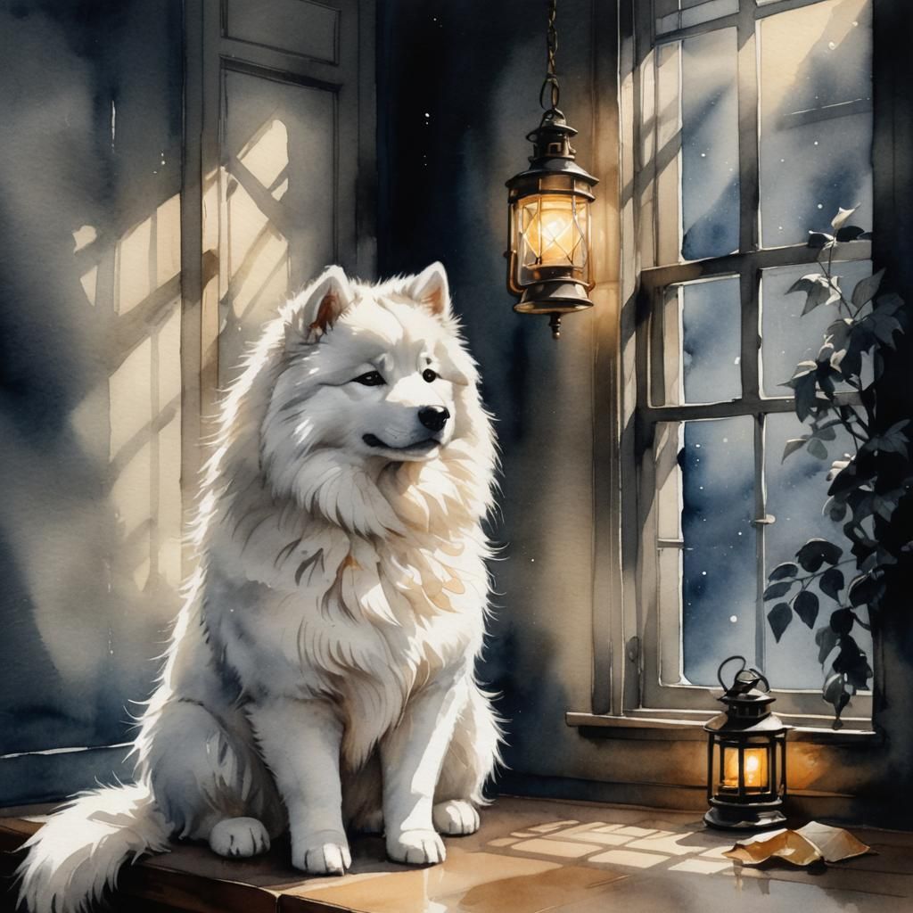 Chibi Samoyed in Dark Studio: Watercolor Sgraffito