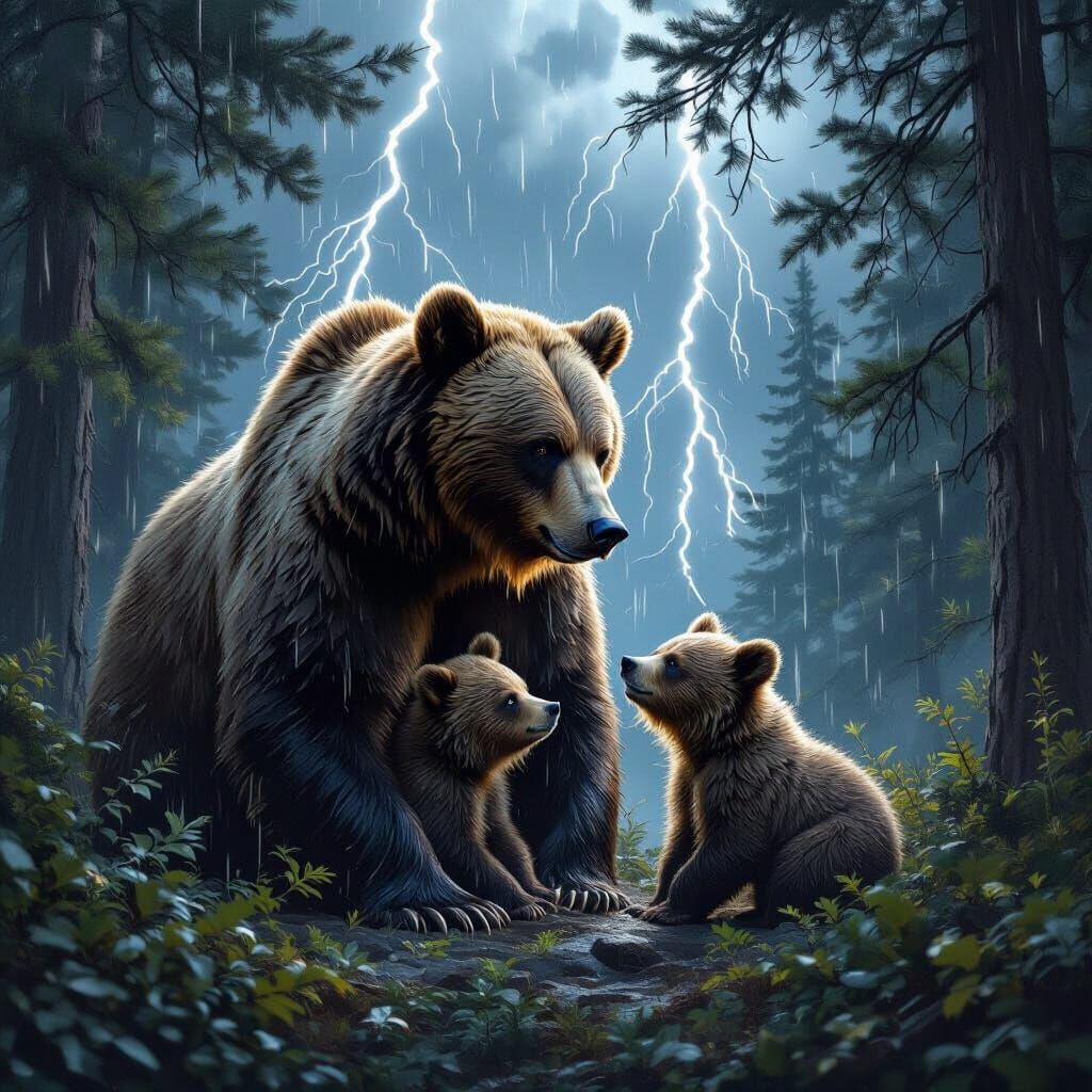 Mama Bear Protects Cubs from Thunderstorm in Pine Grove