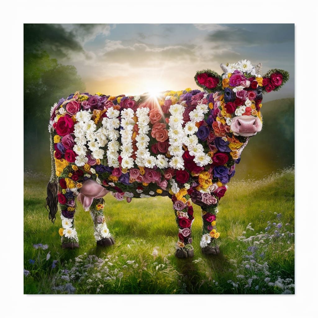Floral Cow Spelling Milk in Lush Meadow