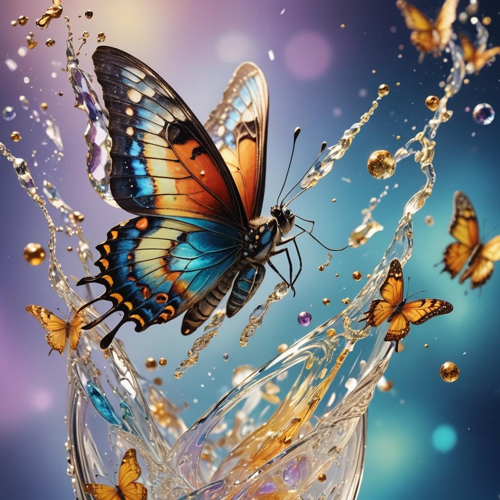 Magical Butterfly Emerges from Crystal Glass: Splash Art