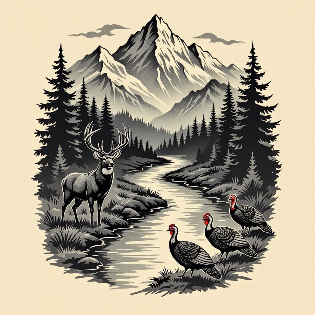 Calf Tattoo Stencil: Mountain River Landscape