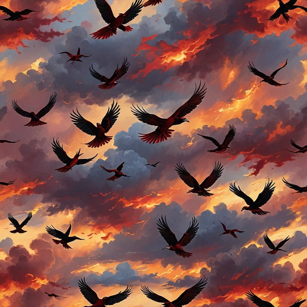 Scarlet Phoenix Silhouetted Against Fiery Sunset