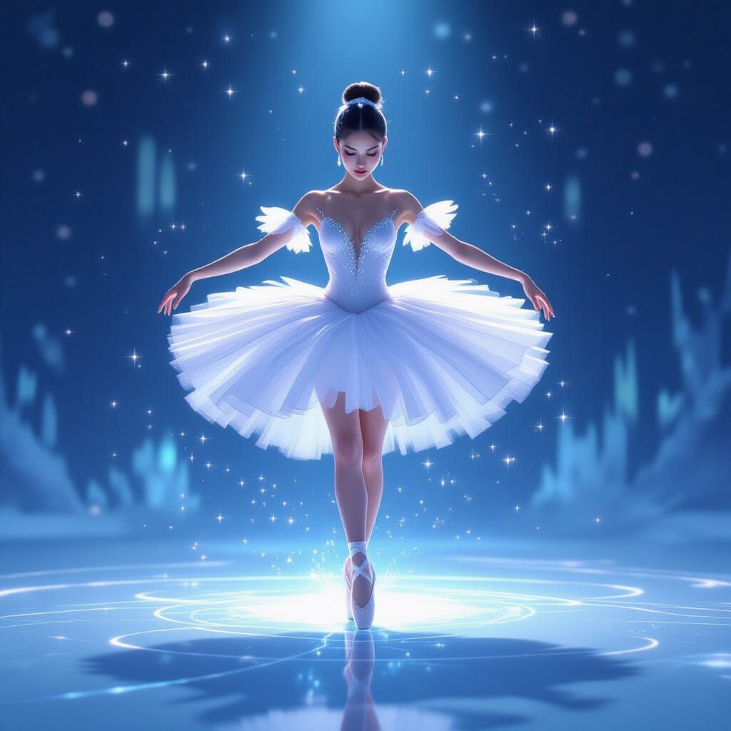 Ballerina on Ice Blade with Fiery Silk Dress and Crystal Aur...