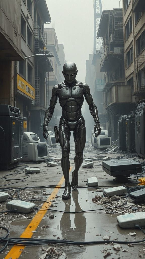 Cybernetic Being in Post-Apocalyptic Cyberpunk Cityscape