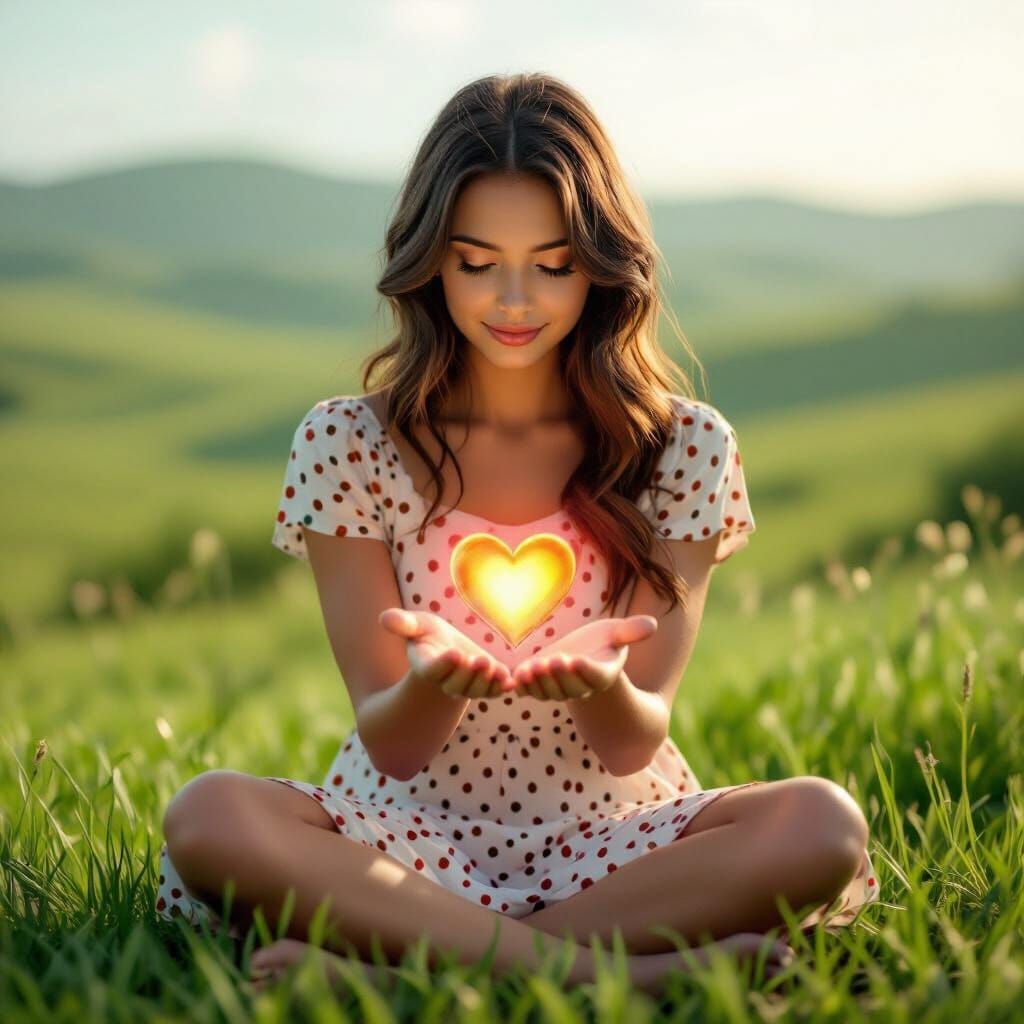 Girl Offers Glowing Heart in Summery Landscape