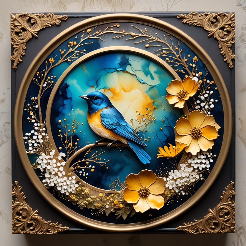 Alcohol Ink Art: Circular Floral Design with Bluebird and Go...